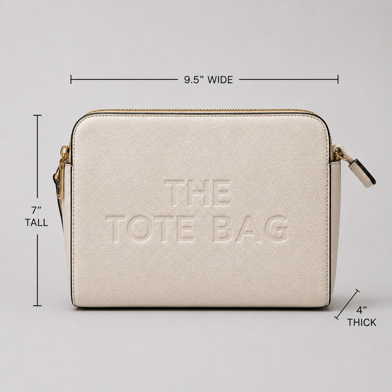 The Tote Bag crossbody bag with adjustable branded strap and gold hardware.