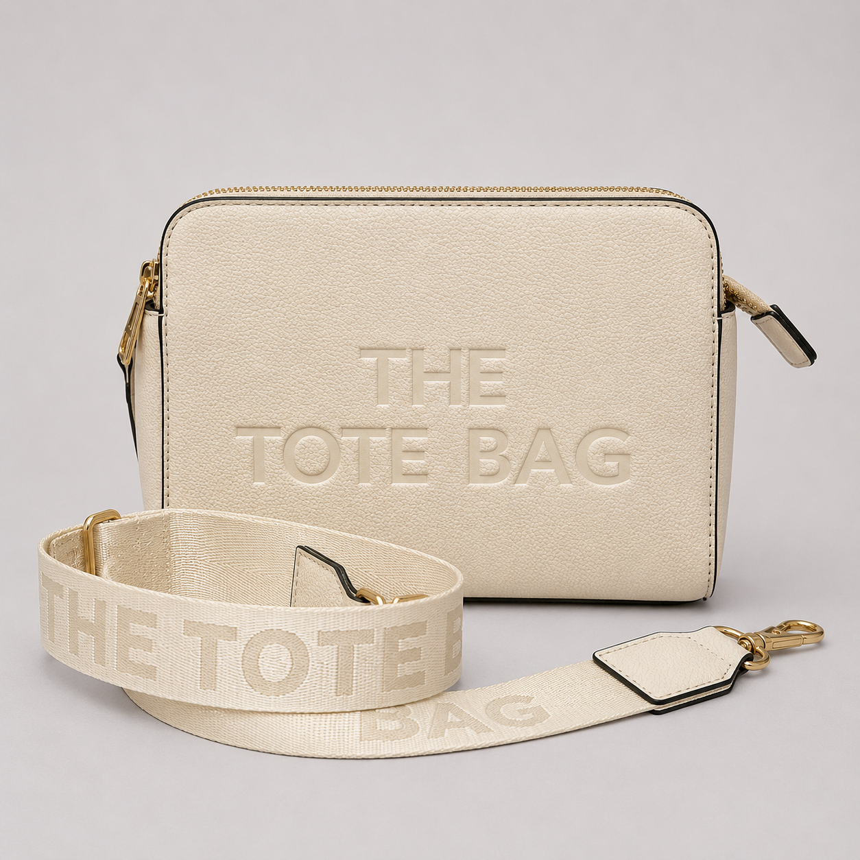 The Tote Bag crossbody bag with adjustable branded strap and gold hardware.