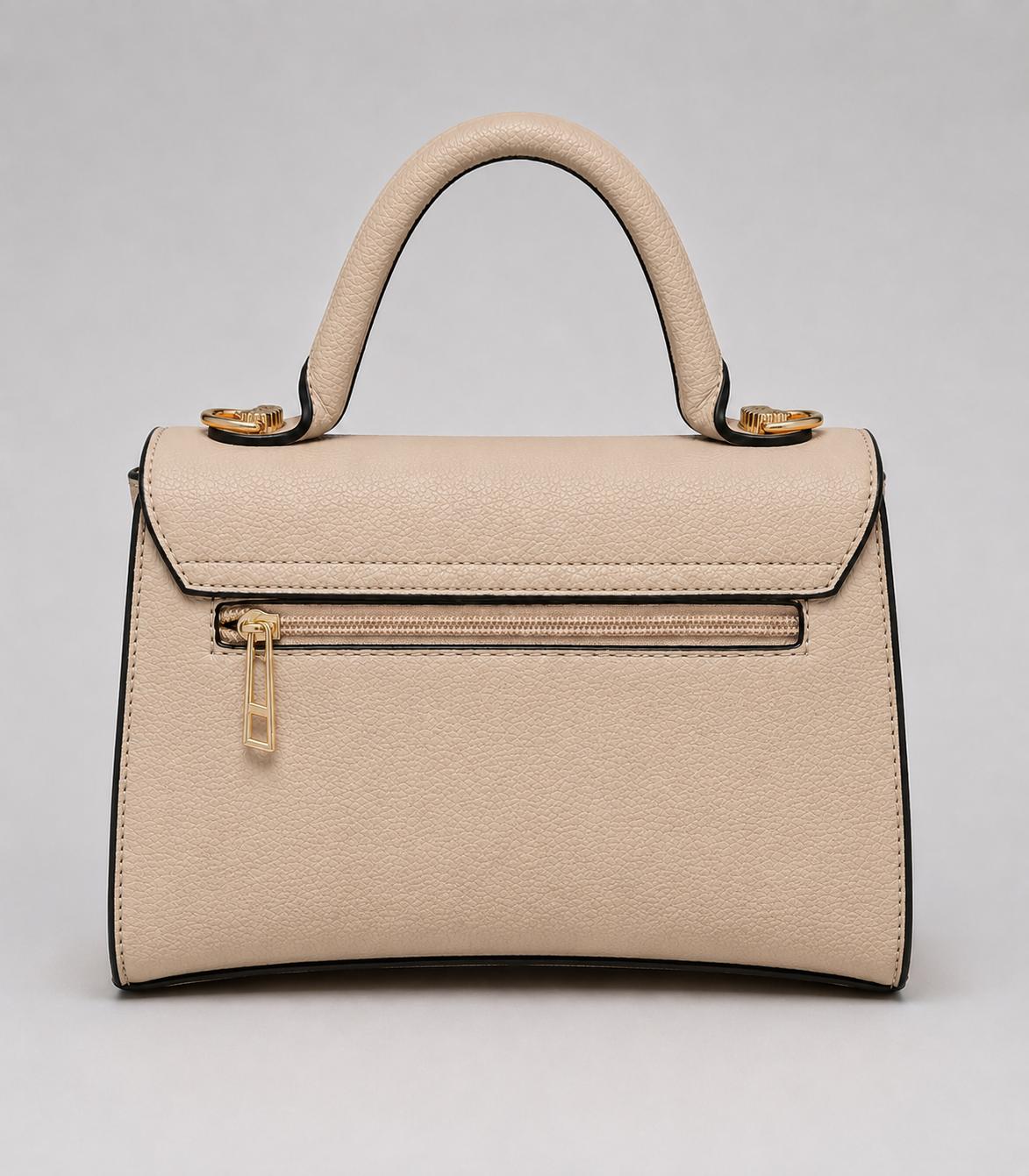 Ladies Tote Bag in Beige. A stylish structured handbag with top handle, detachable shoulder strap, gold-tone hardware and designer-inspired detailing.