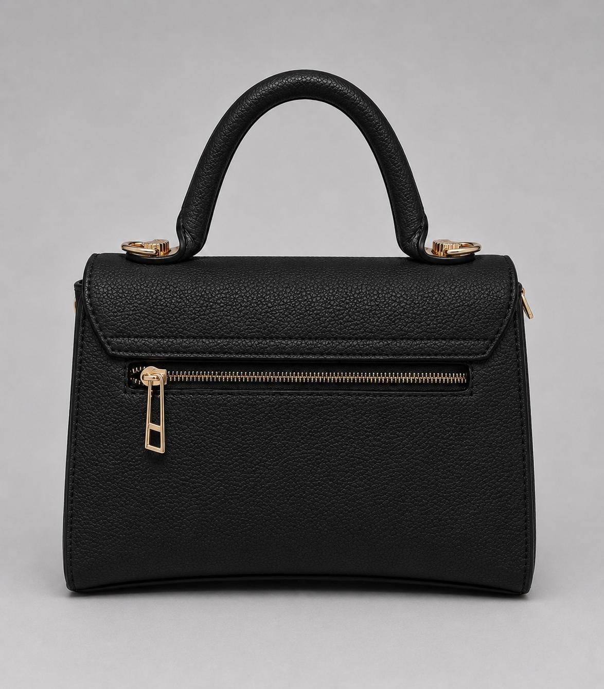 Ladies Tote Bag in Black. A stylish structured handbag with top handle, detachable shoulder strap, gold-tone hardware and designer-inspired detailing.