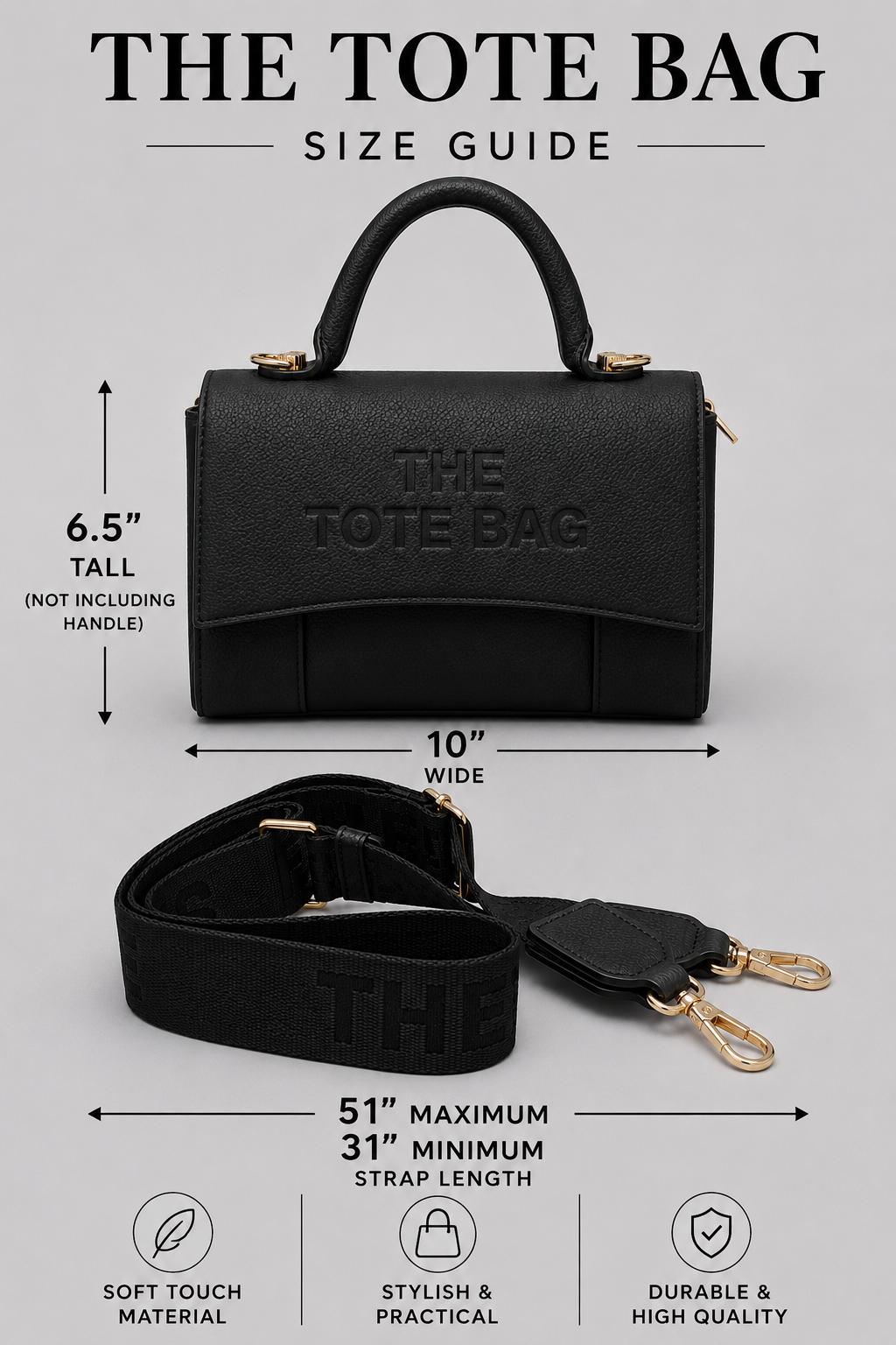 Ladies Tote Bag in Black. A stylish structured handbag with top handle, detachable shoulder strap, gold-tone hardware and designer-inspired detailing.
