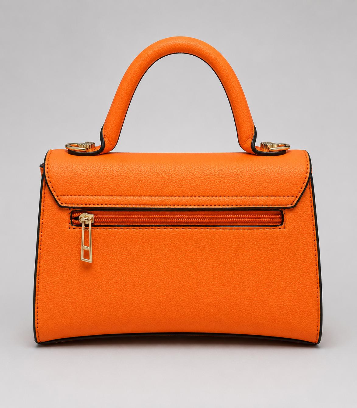Ladies Tote Bag in Orange. A stylish structured handbag with top handle, detachable shoulder strap, gold-tone hardware and designer-inspired detailing.