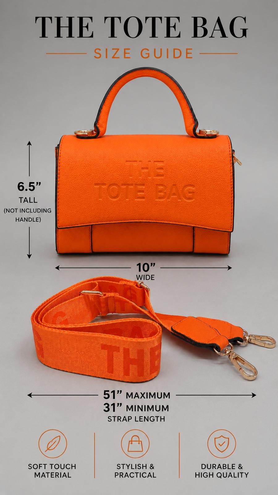 Ladies Tote Bag in Orange. A stylish structured handbag with top handle, detachable shoulder strap, gold-tone hardware and designer-inspired detailing.