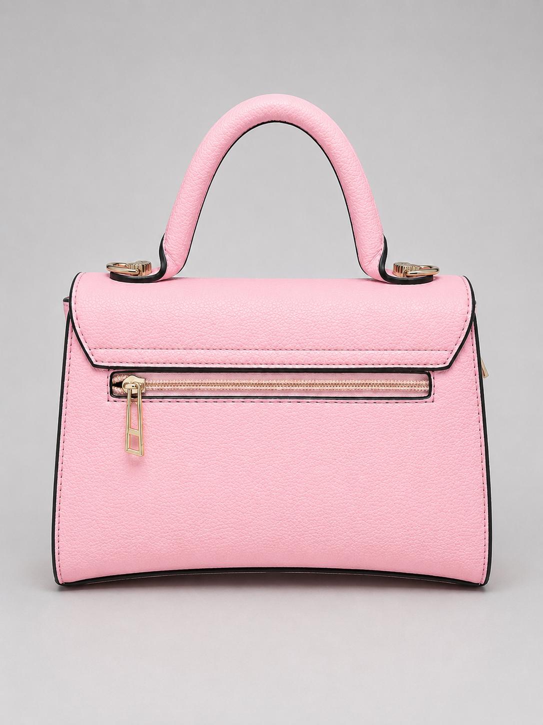 Ladies Tote Bag in Pink. A stylish structured handbag with top handle, detachable shoulder strap, gold-tone hardware and designer-inspired detailing.