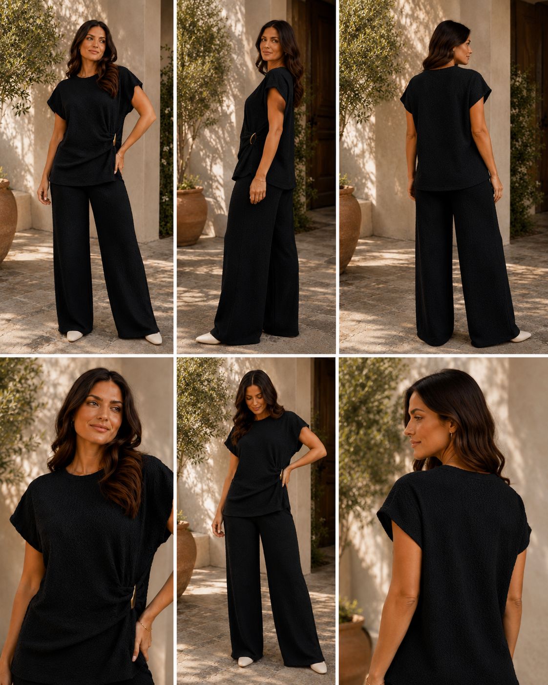 Women’s textured wide leg co-ord set with relaxed draped top and matching flowy trousers, elegant two piece lounge outfit for casual chic styling.