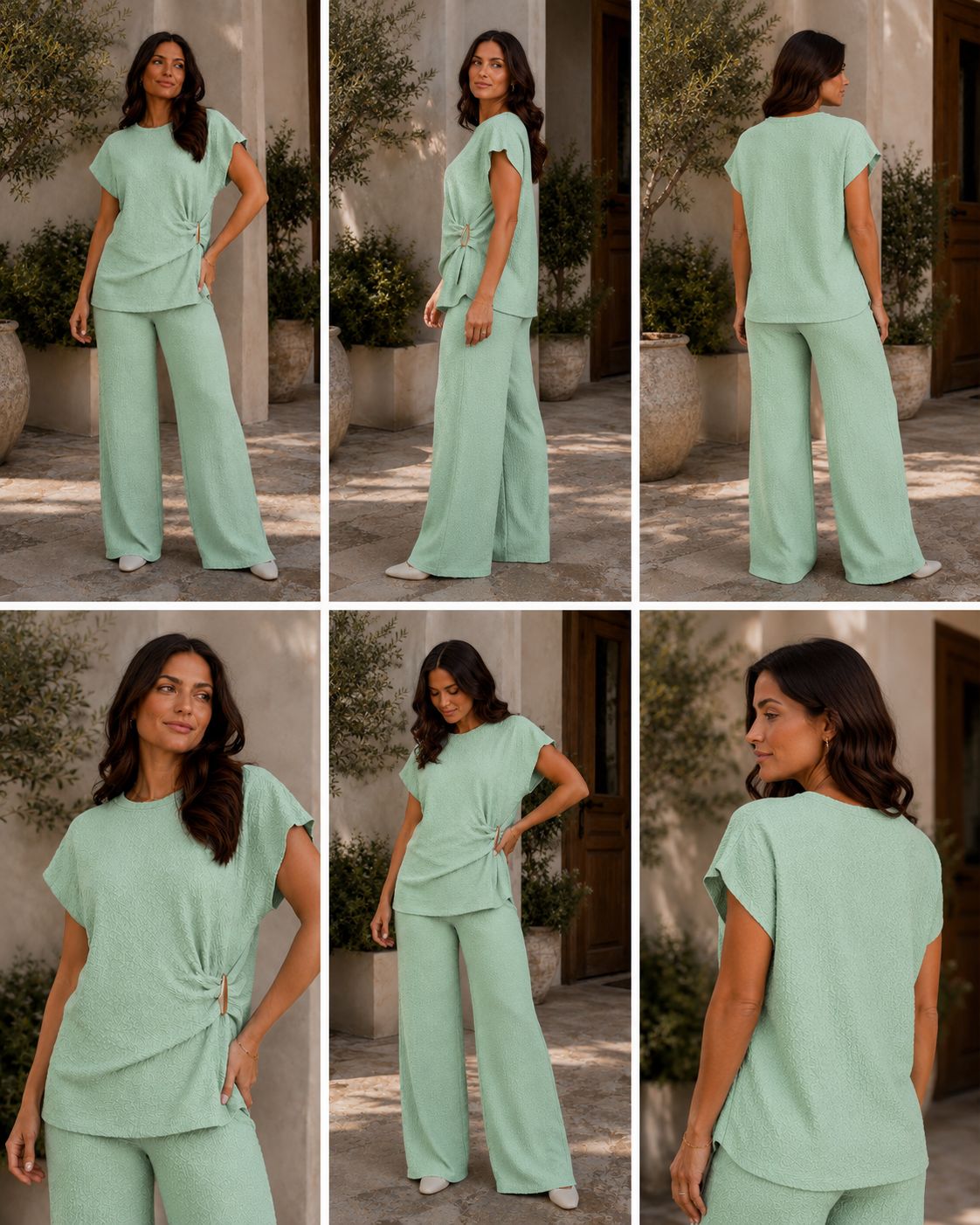 Women’s textured wide leg co-ord set with relaxed draped top and matching flowy trousers, elegant two piece lounge outfit for casual chic styling.