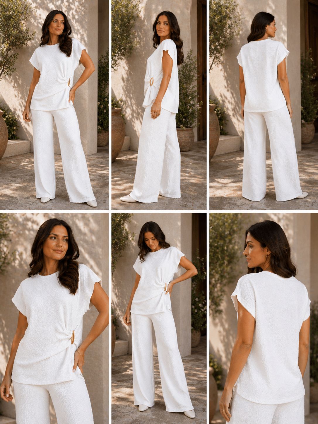 Women’s textured wide leg co-ord set with relaxed draped top and matching flowy trousers, elegant two piece lounge outfit for casual chic styling.