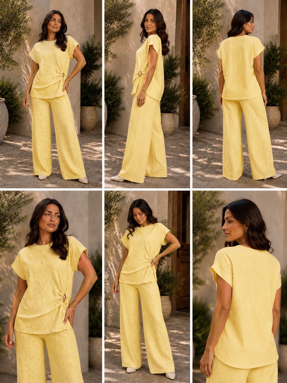 Women’s textured wide leg co-ord set with relaxed draped top and matching flowy trousers, elegant two piece lounge outfit for casual chic styling.