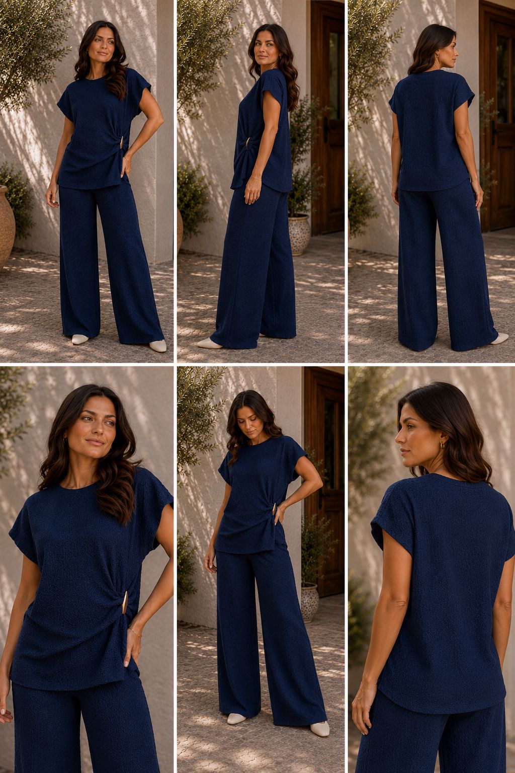 Women’s textured wide leg co-ord set with relaxed draped top and matching flowy trousers, elegant two piece lounge outfit for casual chic styling.