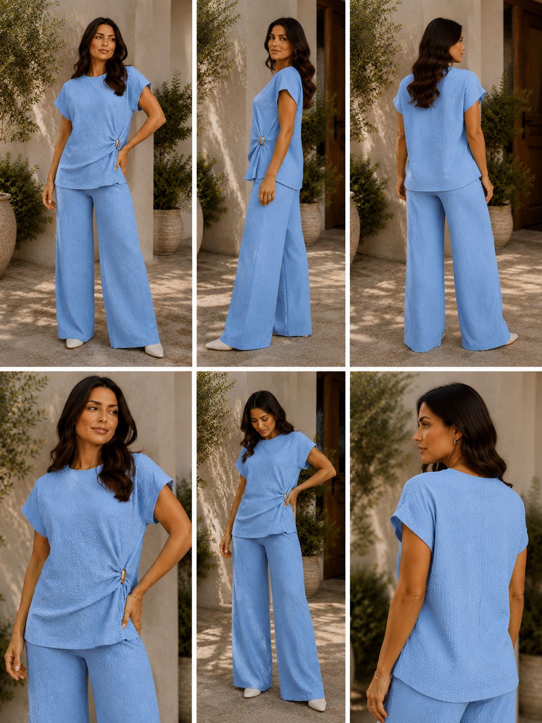 Women’s textured wide leg co-ord set with relaxed draped top and matching flowy trousers, elegant two piece lounge outfit for casual chic styling.
