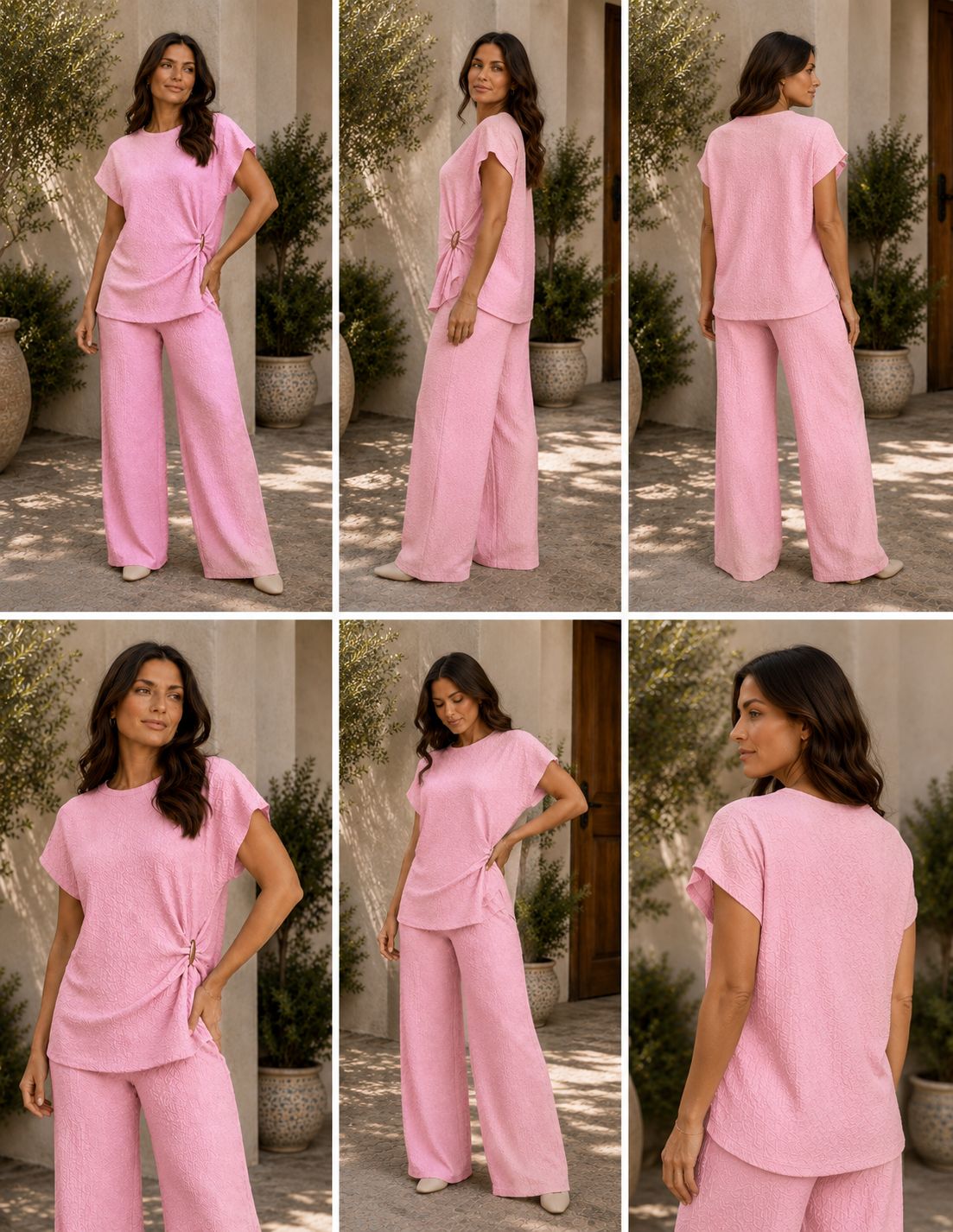 Women’s textured wide leg co-ord set with relaxed draped top and matching flowy trousers, elegant two piece lounge outfit for casual chic styling.