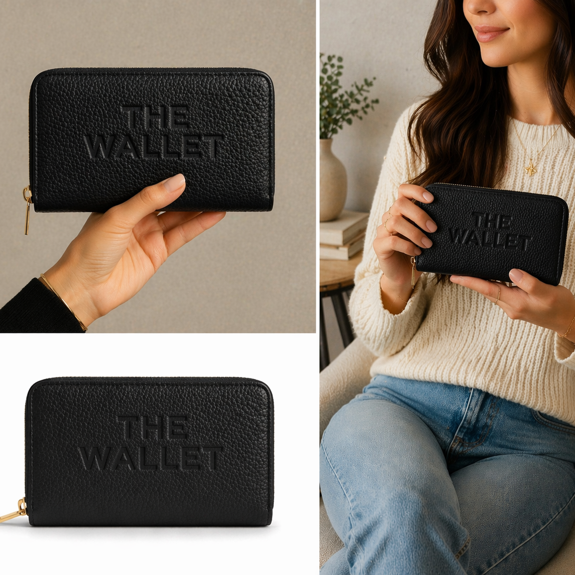 Shop our black zip around wallet purse with a luxe pebbled finish and gold zip. Compact, stylish & perfect for everyday use. 7.5” wide.