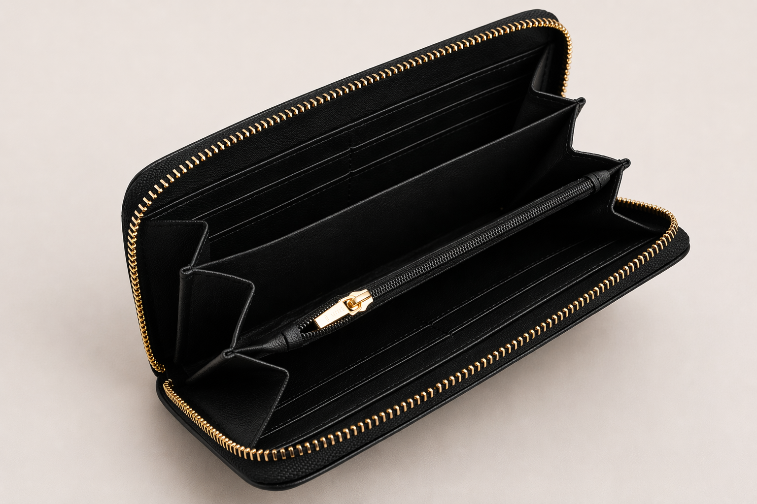 Shop our black zip around wallet purse with a luxe pebbled finish and gold zip. Compact, stylish & perfect for everyday use. 7.5” wide.