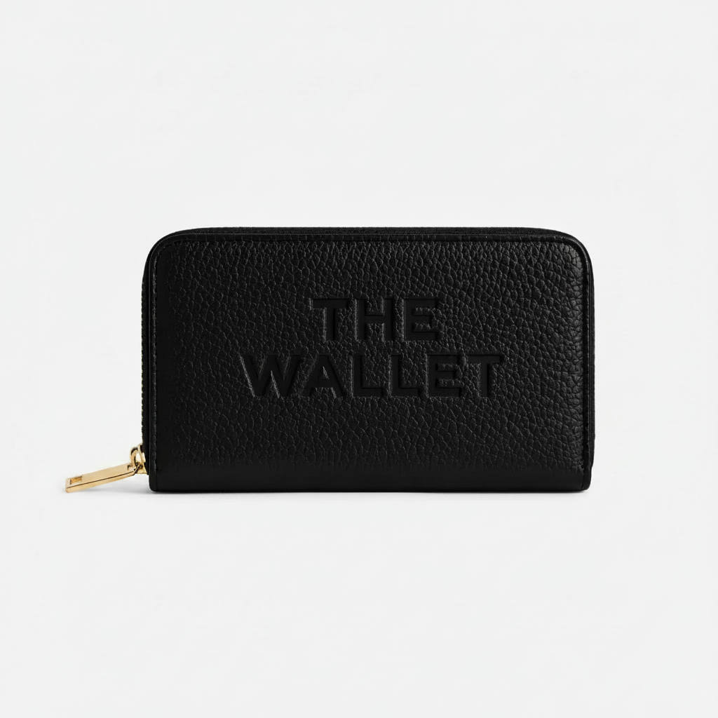 Shop our black zip around wallet purse with a luxe pebbled finish and gold zip. Compact, stylish & perfect for everyday use. 7.5” wide.