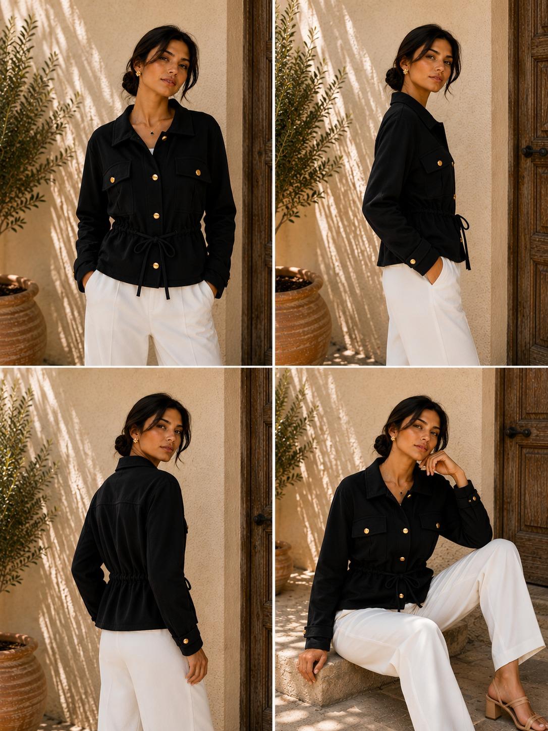 Elegant women’s lightweight drawstring jacket with utility pockets, gold button detail and funnel neck for versatile styling