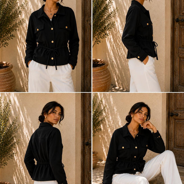 The Verona Gold-Button Funnel Neck Jacket - Black
