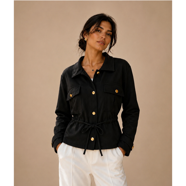 The Verona Gold-Button Funnel Neck Jacket - Black