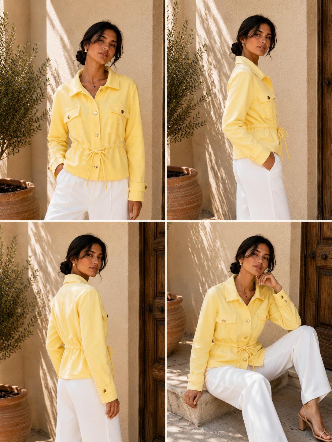 Elegant women’s lightweight drawstring jacket with utility pockets, gold button detail and funnel neck for versatile styling