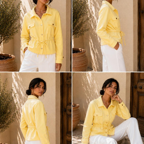 The Verona Gold-Button Funnel Neck Jacket - Lemon