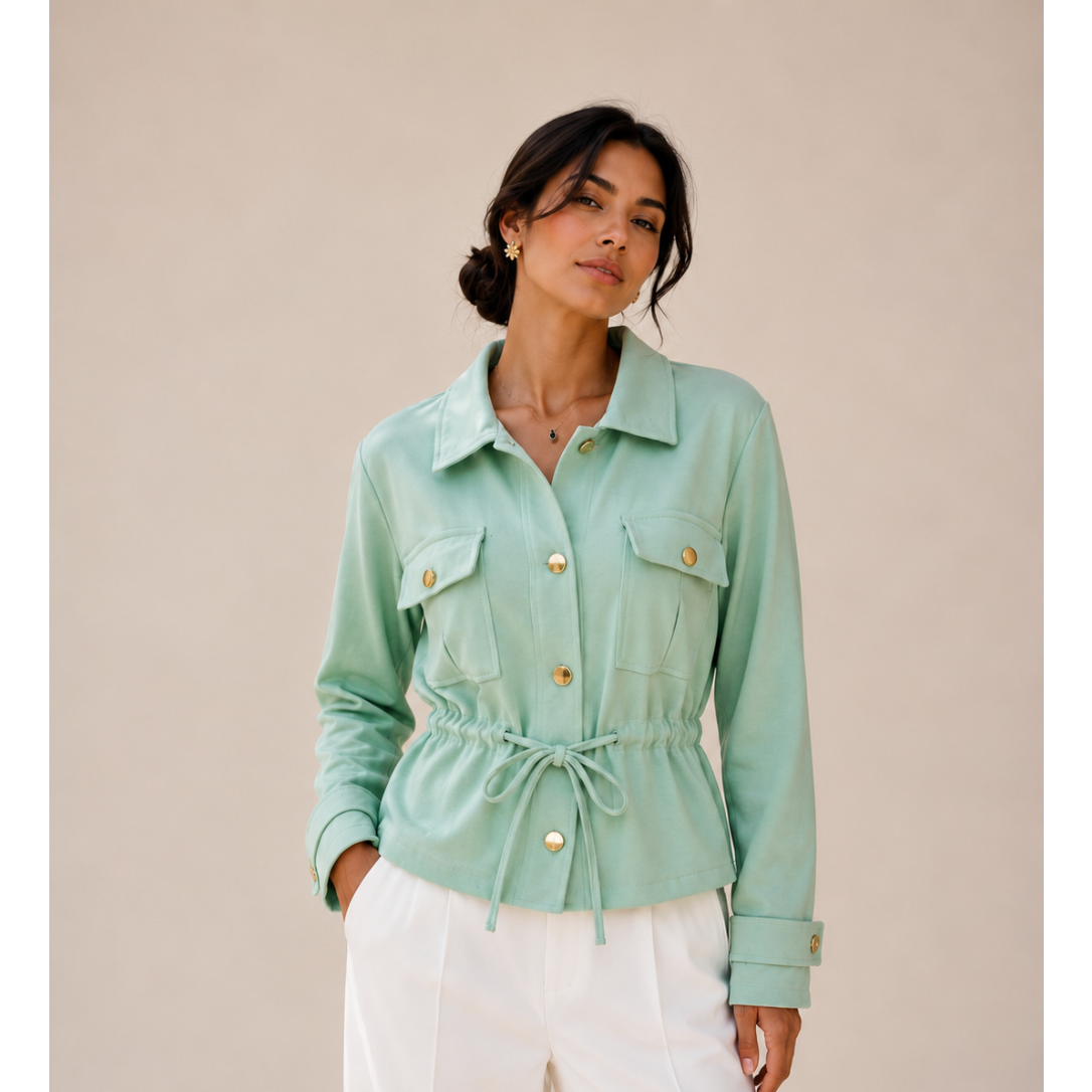 Elegant women’s lightweight drawstring jacket with utility pockets, gold button detail and funnel neck for versatile styling