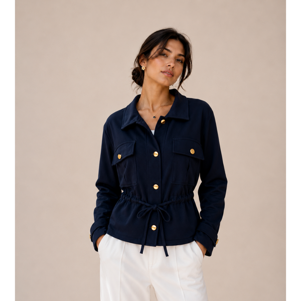 The Verona Gold-Button Funnel Neck Jacket - Navy