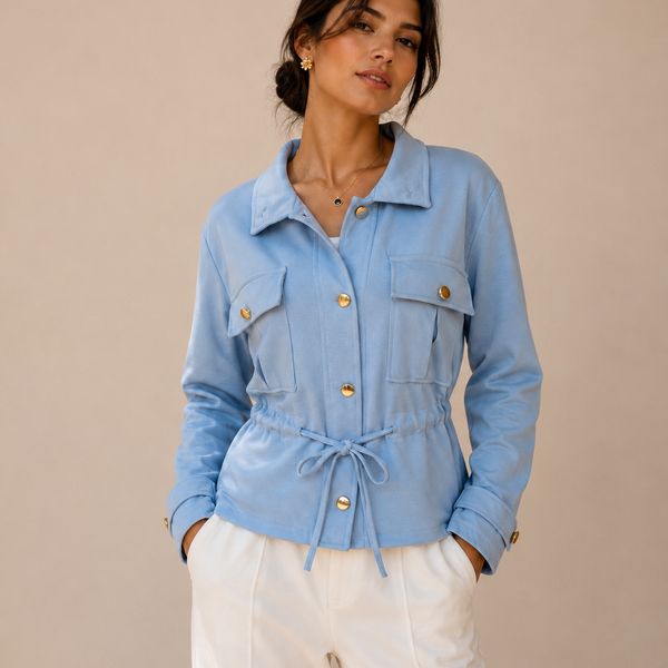 The Verona Gold-Button Funnel Neck Jacket - Sky Blue