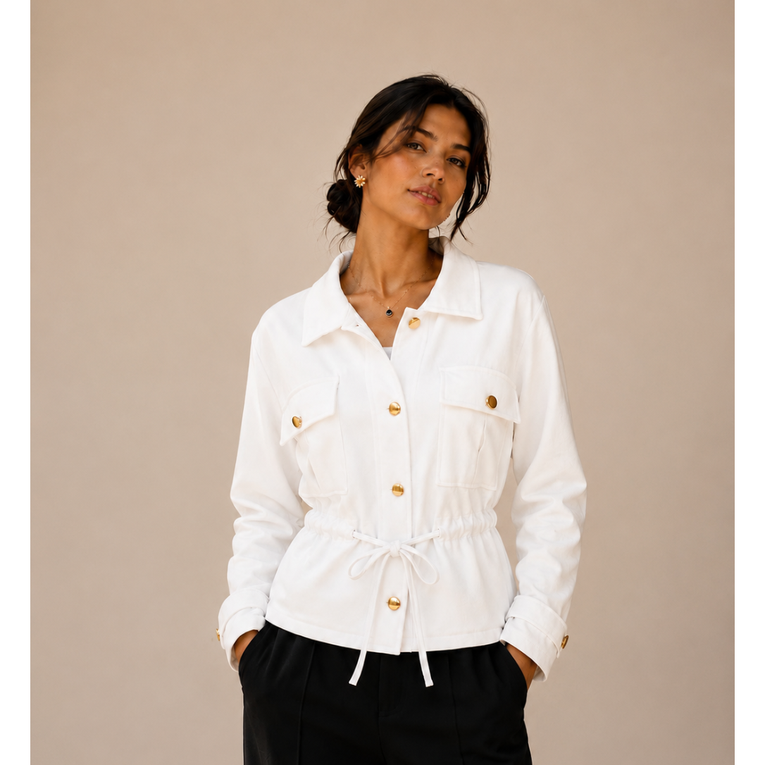 Elegant women’s lightweight drawstring jacket with utility pockets, gold button detail and funnel neck for versatile styling