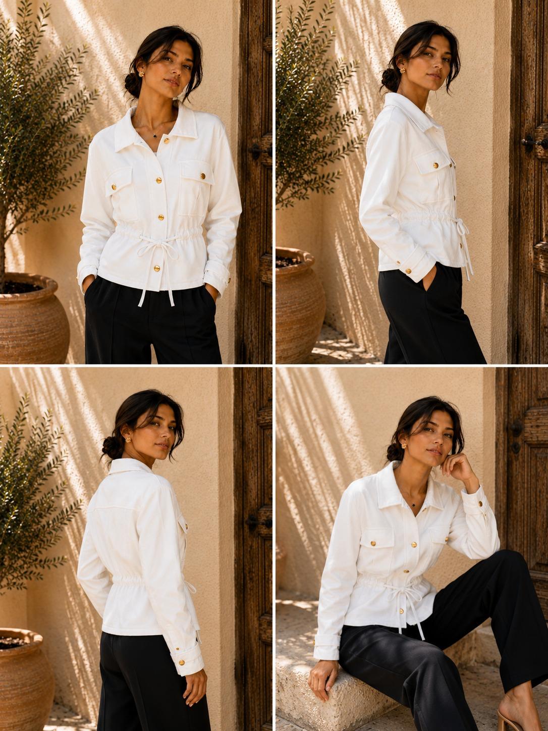 Elegant women’s lightweight drawstring jacket with utility pockets, gold button detail and funnel neck for versatile styling