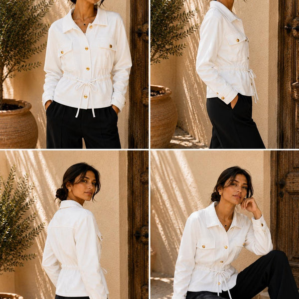 The Verona Gold-Button Funnel Neck Jacket - White