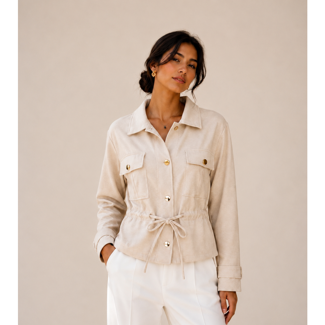 Elegant women’s lightweight drawstring jacket with utility pockets, gold button detail and funnel neck for versatile styling