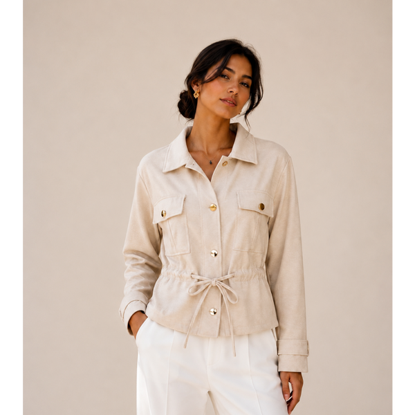 The Verona Gold-Button Funnel Neck Jacket - Beige