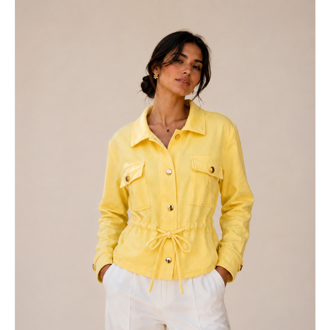 Elegant women’s lightweight drawstring jacket with utility pockets, gold button detail and funnel neck for versatile styling
