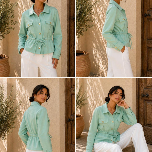 The Verona Gold-Button Funnel Neck Jacket - Mint Green