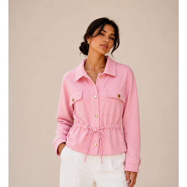The Verona Gold-Button Funnel Neck Jacket - Pink