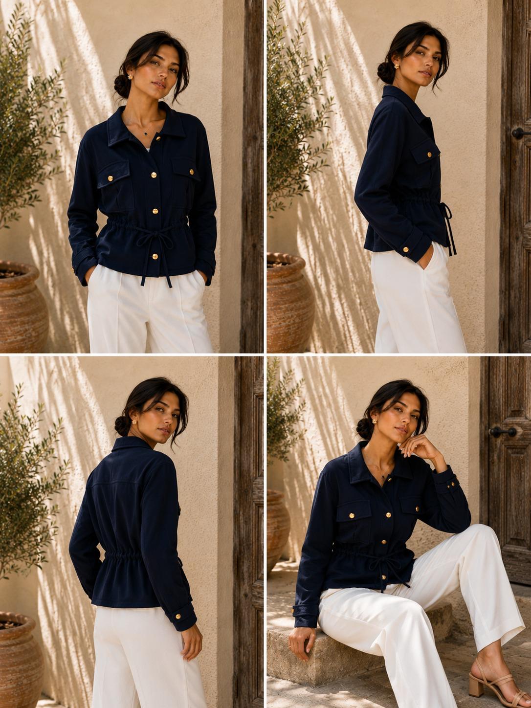 Elegant women’s lightweight drawstring jacket with utility pockets, gold button detail and funnel neck for versatile styling
