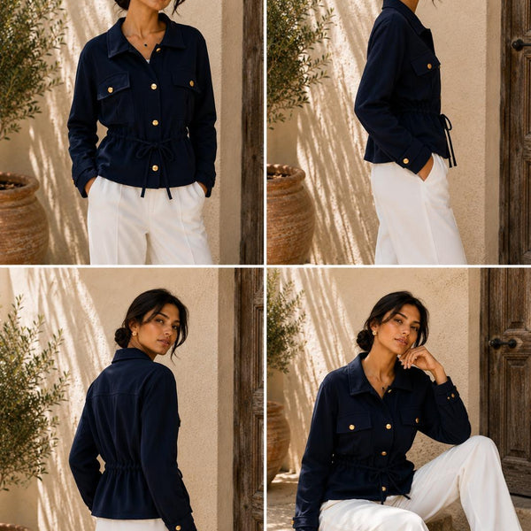 The Verona Gold-Button Funnel Neck Jacket - Navy