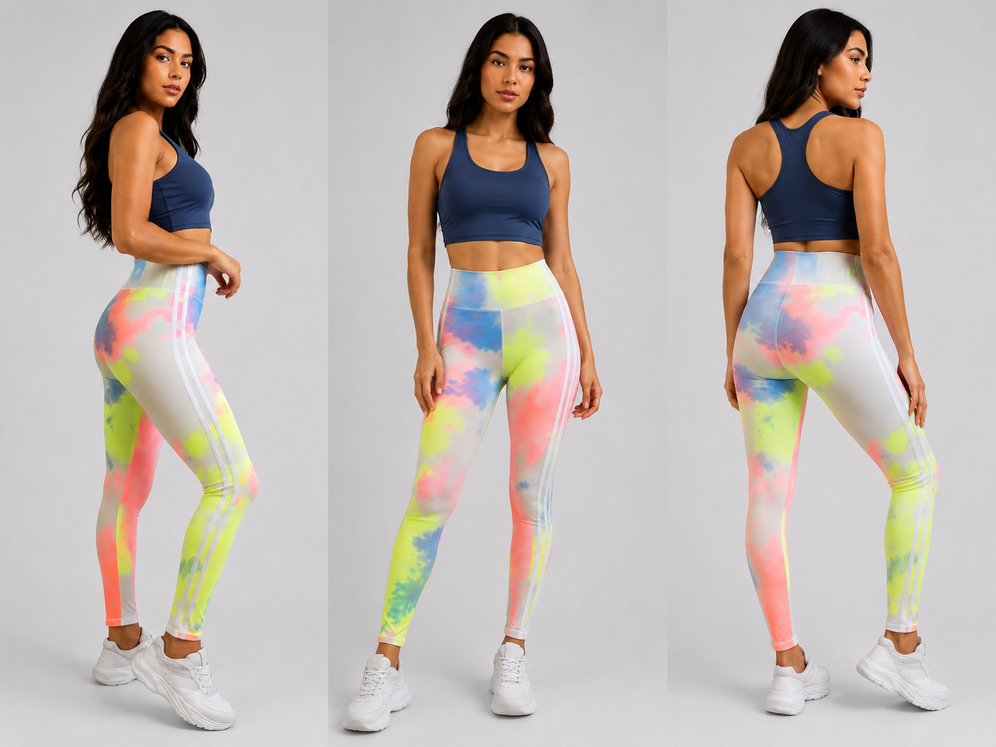 Women’s high-waisted tie dye leggings in neon multicolour print – stylish gym wear and casual athleisure