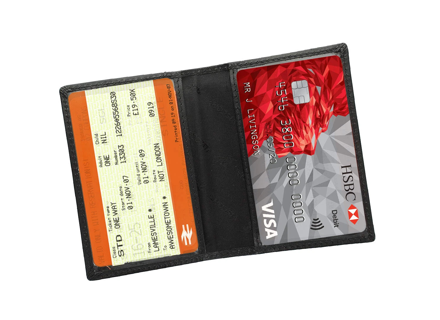 Inside travel card holder wallet with gold corners and embossed travelcard text
