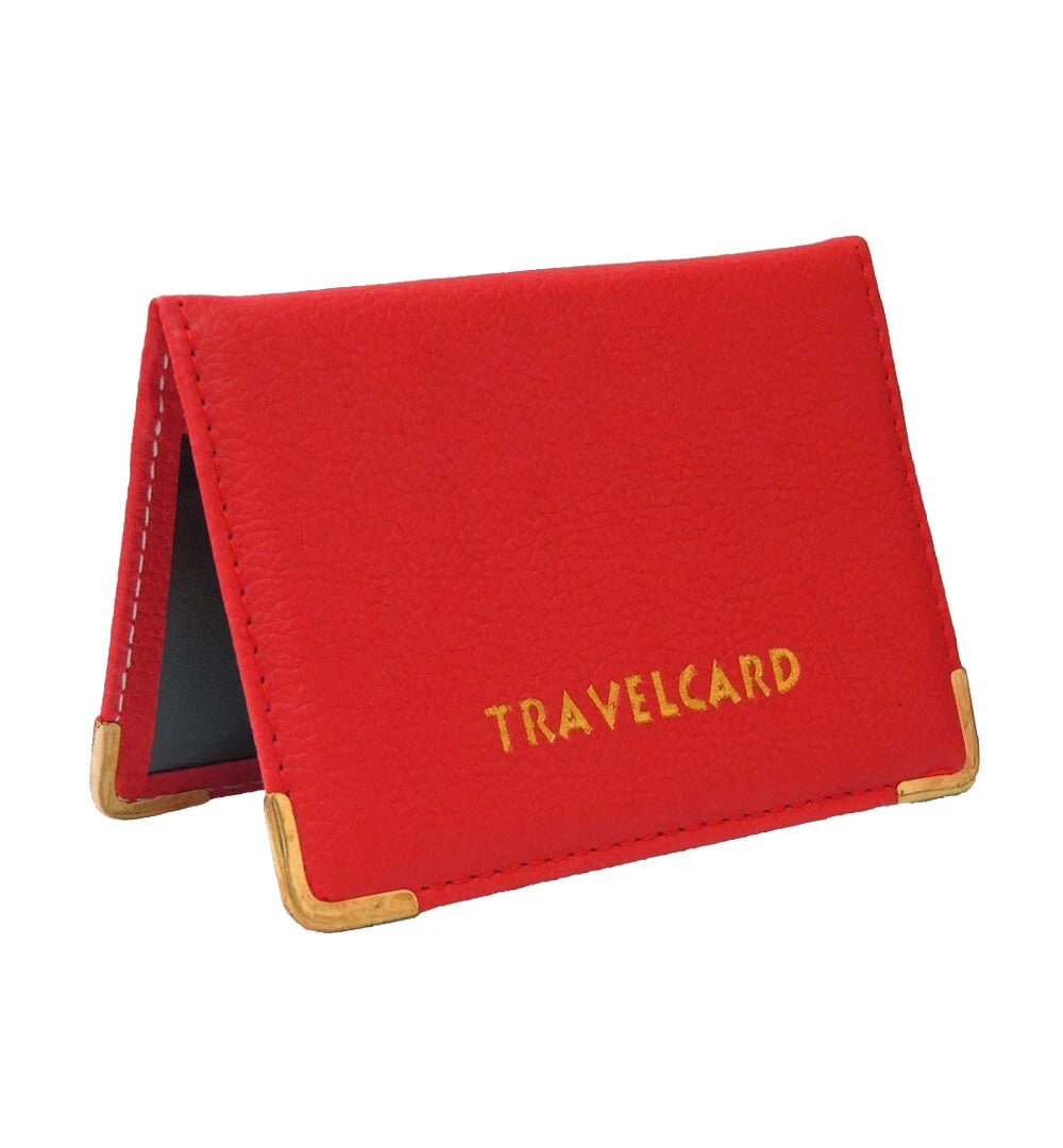 Red travel card holder wallet with gold corners and embossed travelcard text
