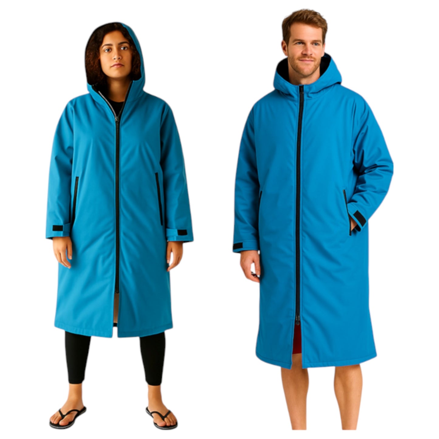 Adult turquoise blue waterproof changing robe with hood, front zip, and long sleeves
