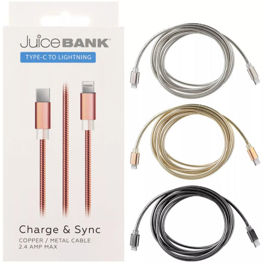 JuiceBank Type-C to Lightning metal charging cable – 2.4A fast charge and sync copper cable, compatible with iPhones and iPads
