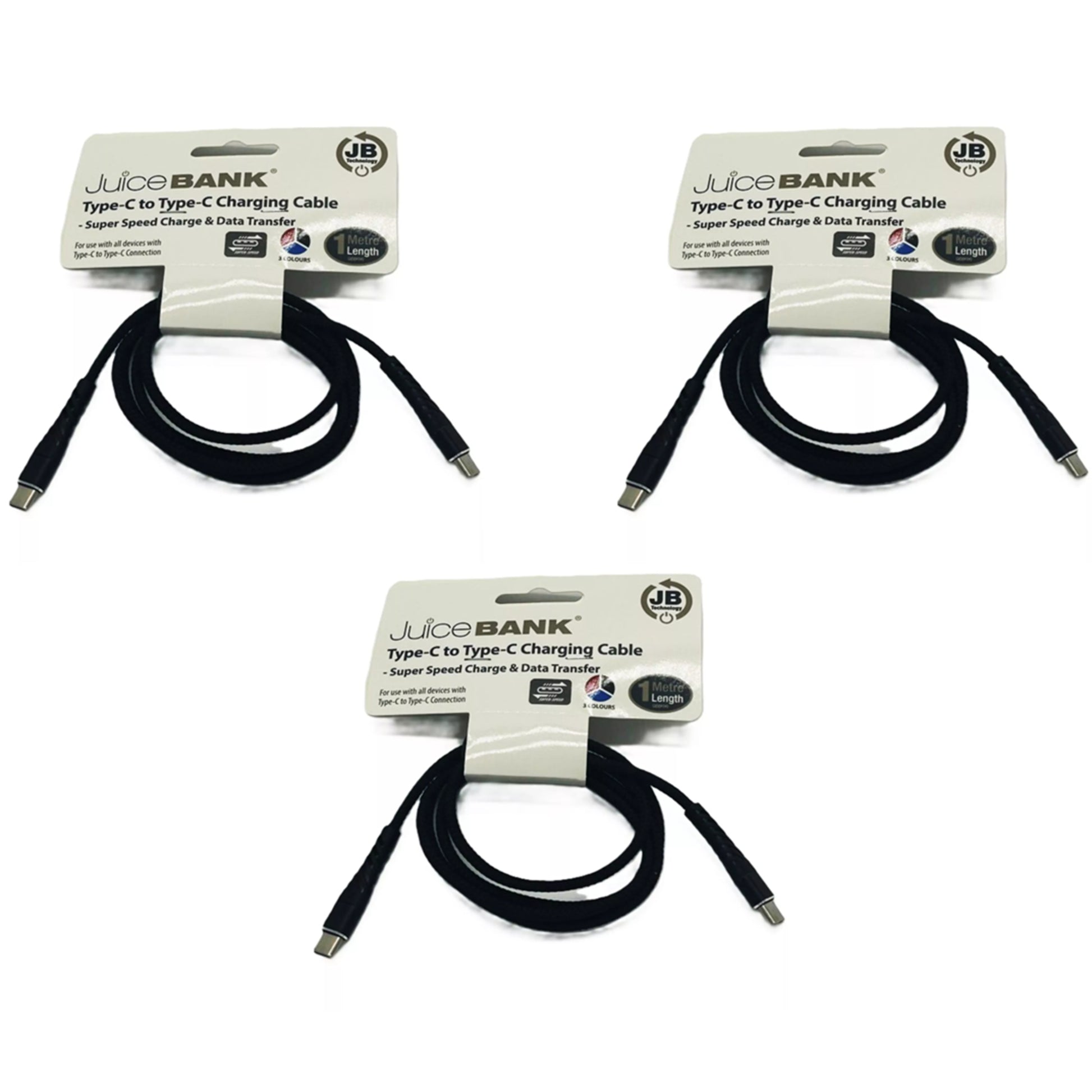 JuiceBank 3 pack USB Type-C to Type-C braided charging cables – fast charge and data transfer for compatible Android devices, tablets, and laptops