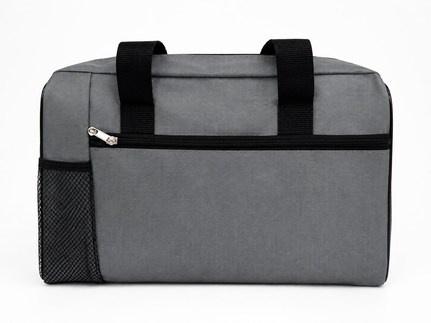 Grey travel holdall bag with black handles, front zip pocket and side mesh pocket, ideal for travel, gym and everyday use