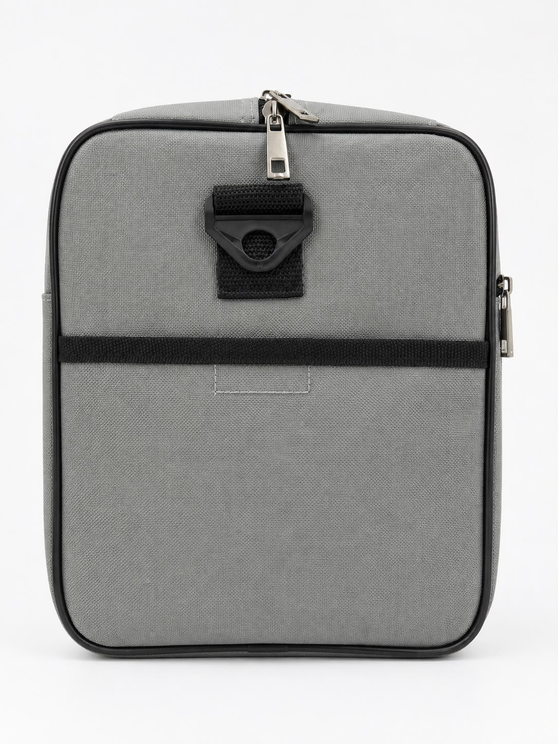 Grey travel holdall bag with black handles, front zip pocket and side mesh pocket, ideal for travel, gym and everyday use.