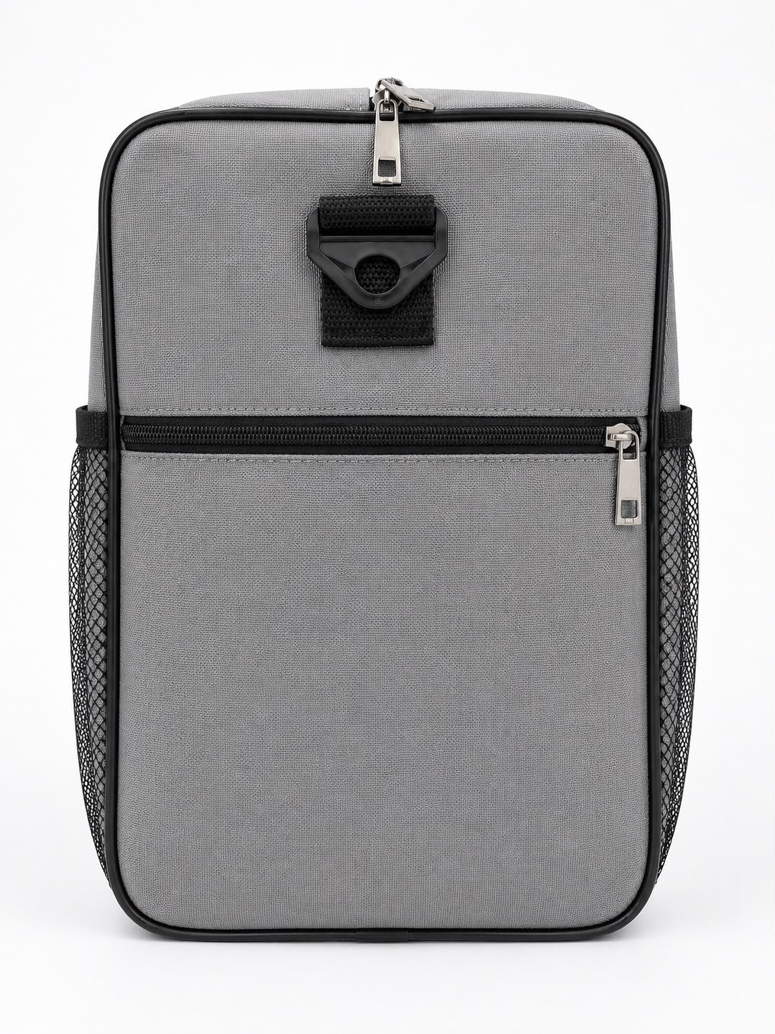 Grey travel holdall bag with black handles, front zip pocket and side mesh pocket, ideal for travel, gym and everyday use.