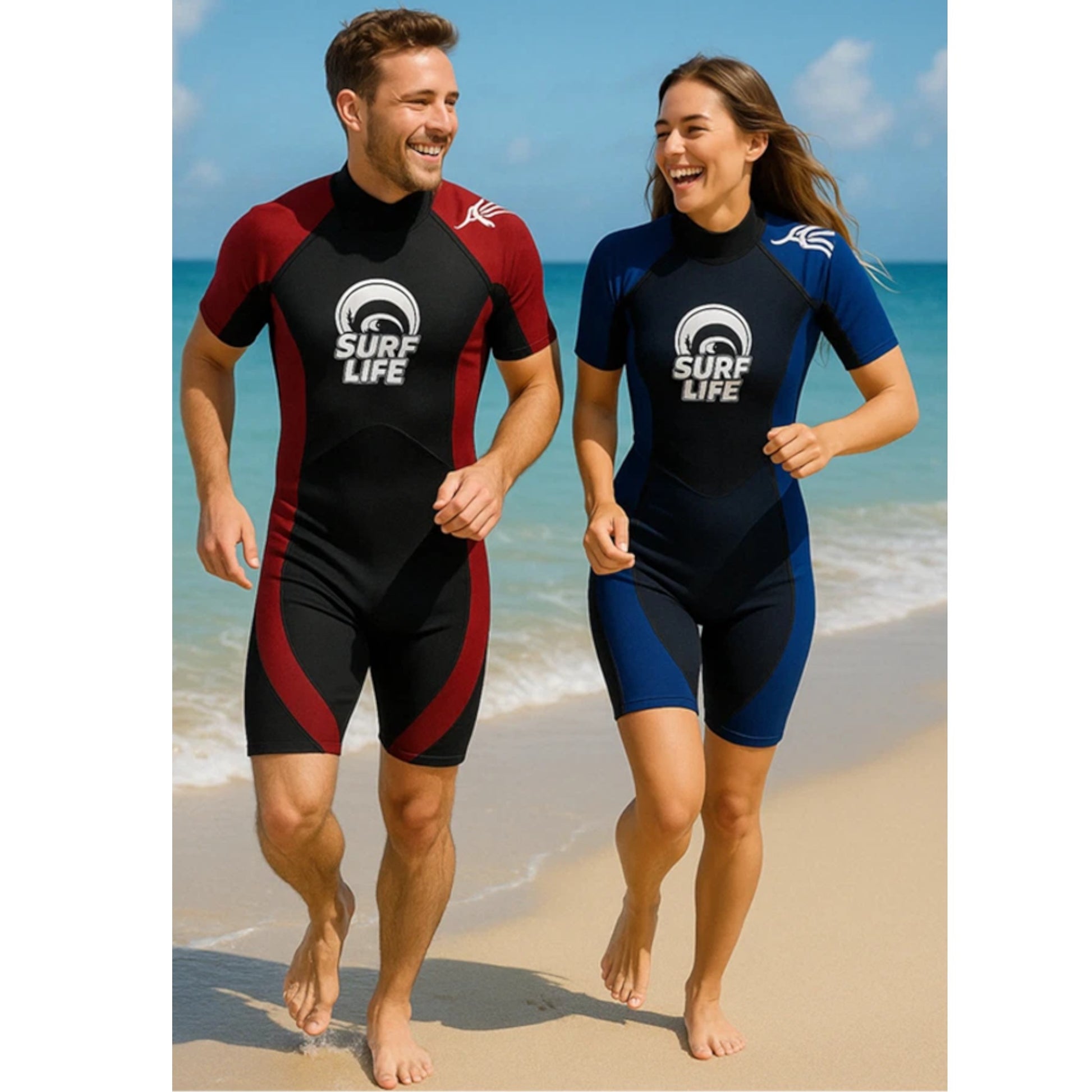 Unisex adult short sleeve wetsuit in black and red or blue with Surf Life logo – neoprene surf suit for men and women