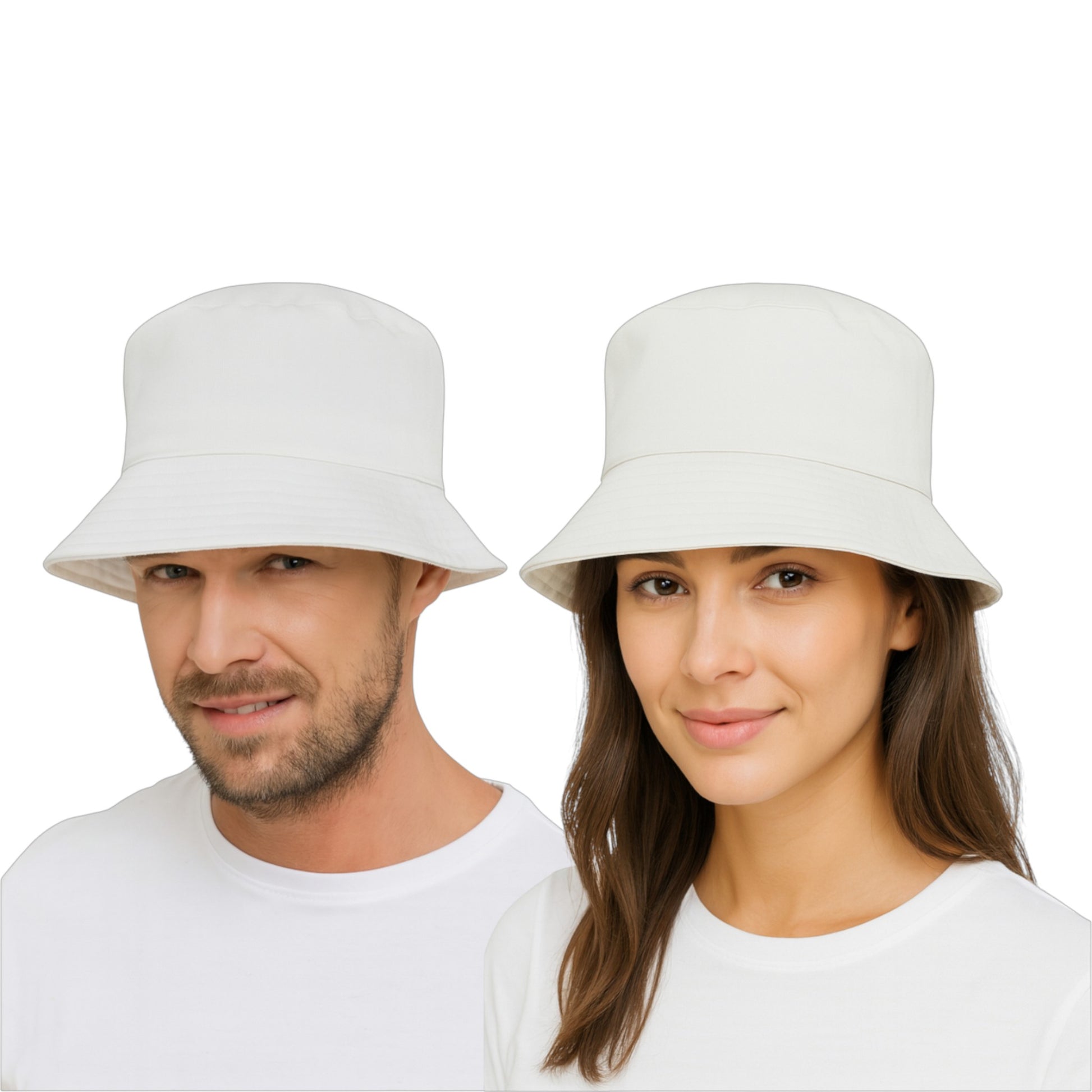 Unisex classic white bucket hat – lightweight summer sun hat worn by male and female models
