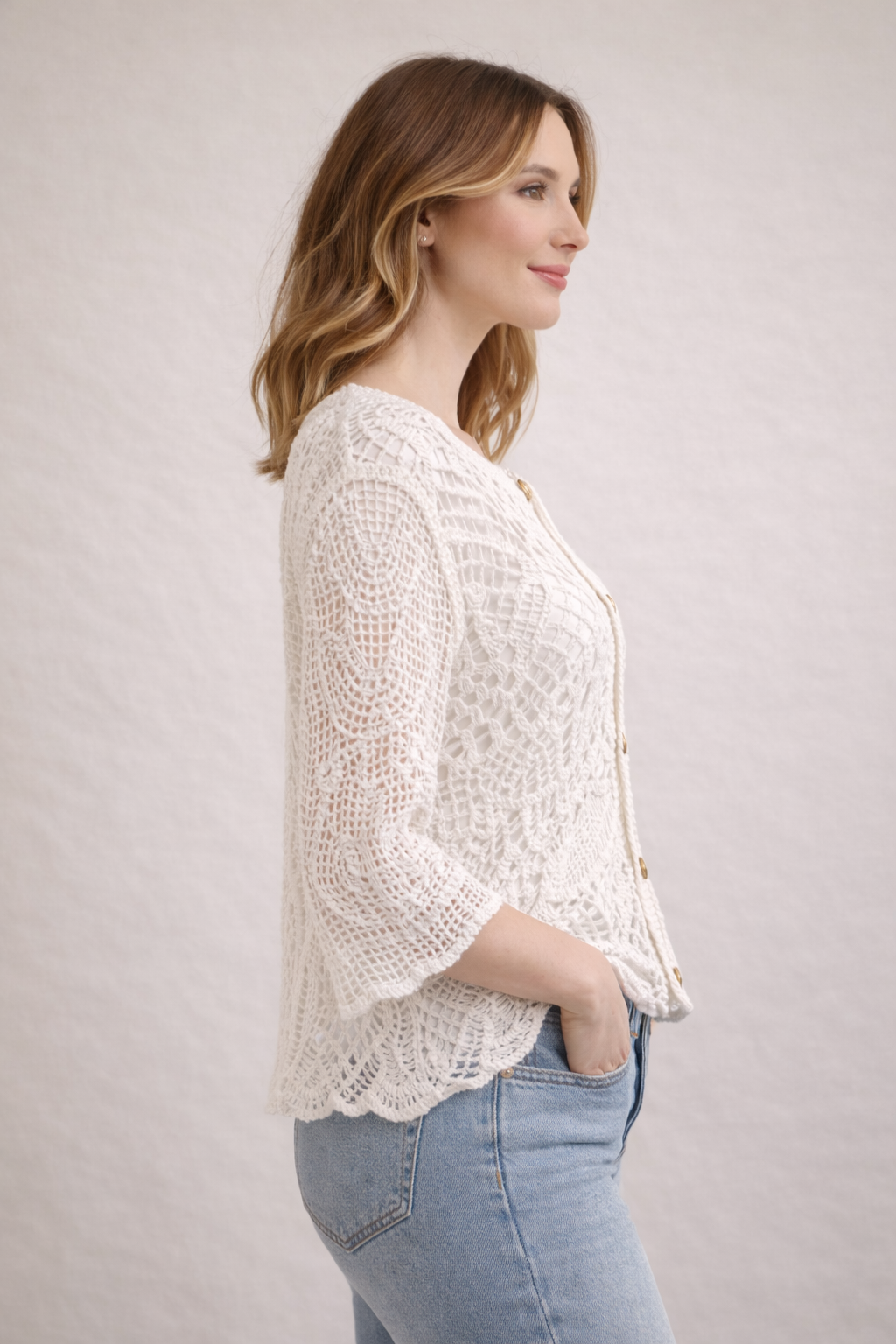 Ladies boho crochet cardigan lightweight summer knit white button front