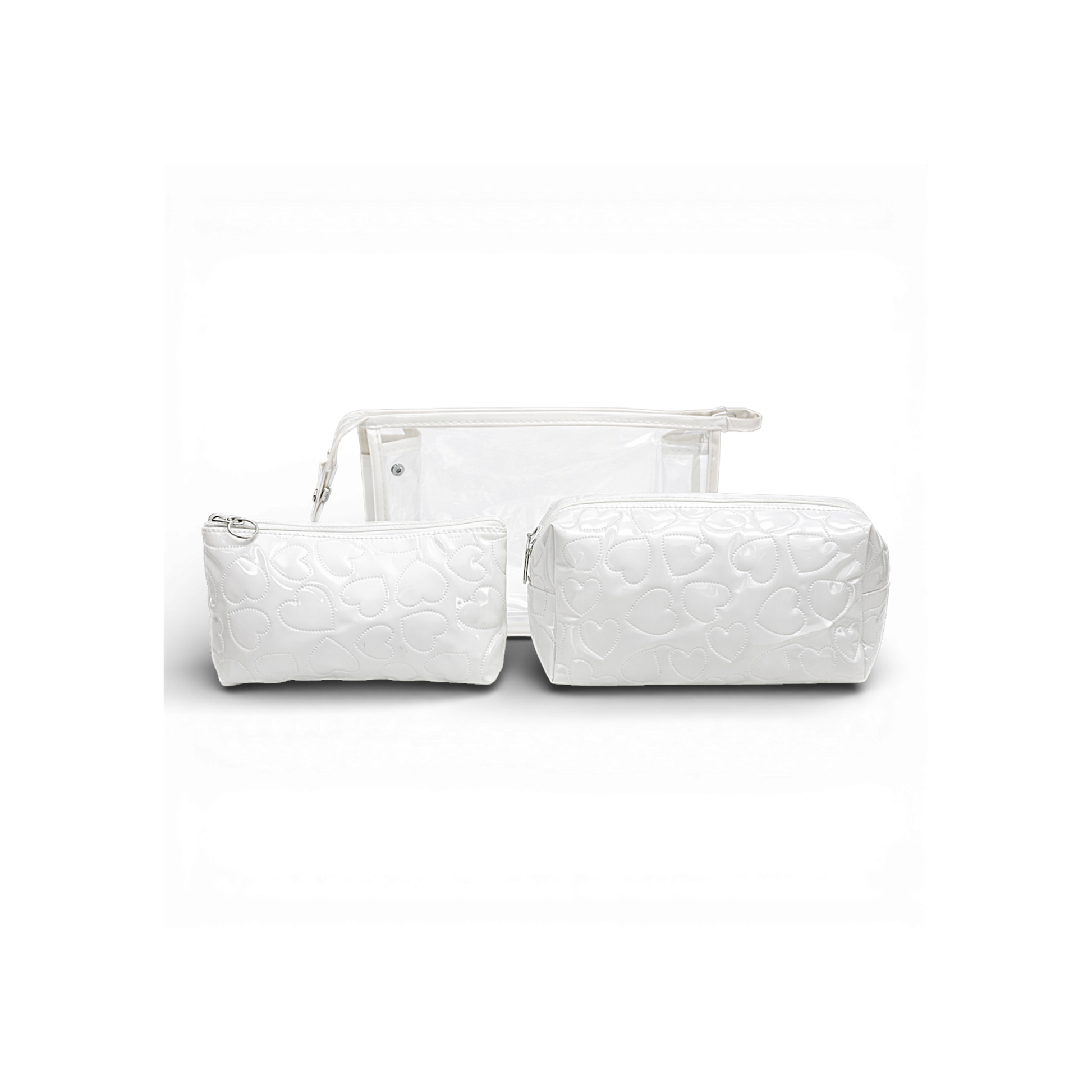 Stay organised in style with our adorable 3-piece heart quilted makeup bag set. Designed in a soft pink finish with embossed heart detailing, this set combines functionality with a cute, feminine touch.