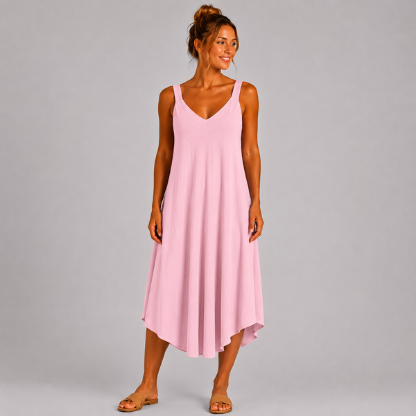 Women’s Italian V-Neck Swing Midi Dress (Baby Pink)
